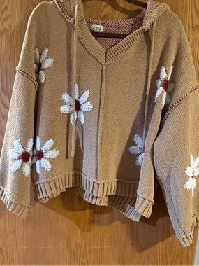 POL Tan V-Neck Hoodie Sweater with White Daisy Embroidery